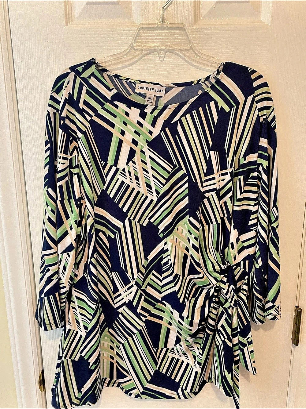 Southern Lady Geometric Long Sleeve Blouse in Blue & Green Size XL